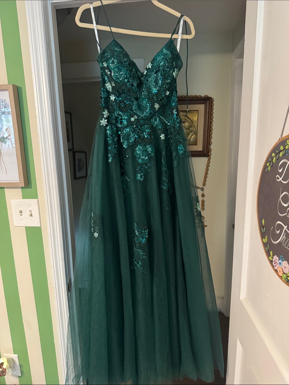 Camille La Vie Emerald Green Sequin Floral Tulle Gown